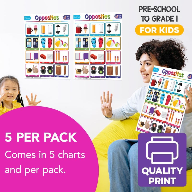 FoldCard Opposites Chart for Preschool to Grade 1 Kids – Bright and Colorful Educational Visual/Learning Aid Poster Decoration for Classroom or Home | Glossy Durable Cardstock | 8.5" x 11" | 5 per Pack - Image 4